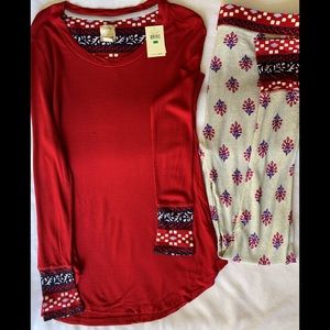 Lucky Brand Red Waffle Knit Pajama Set with Printed Trim